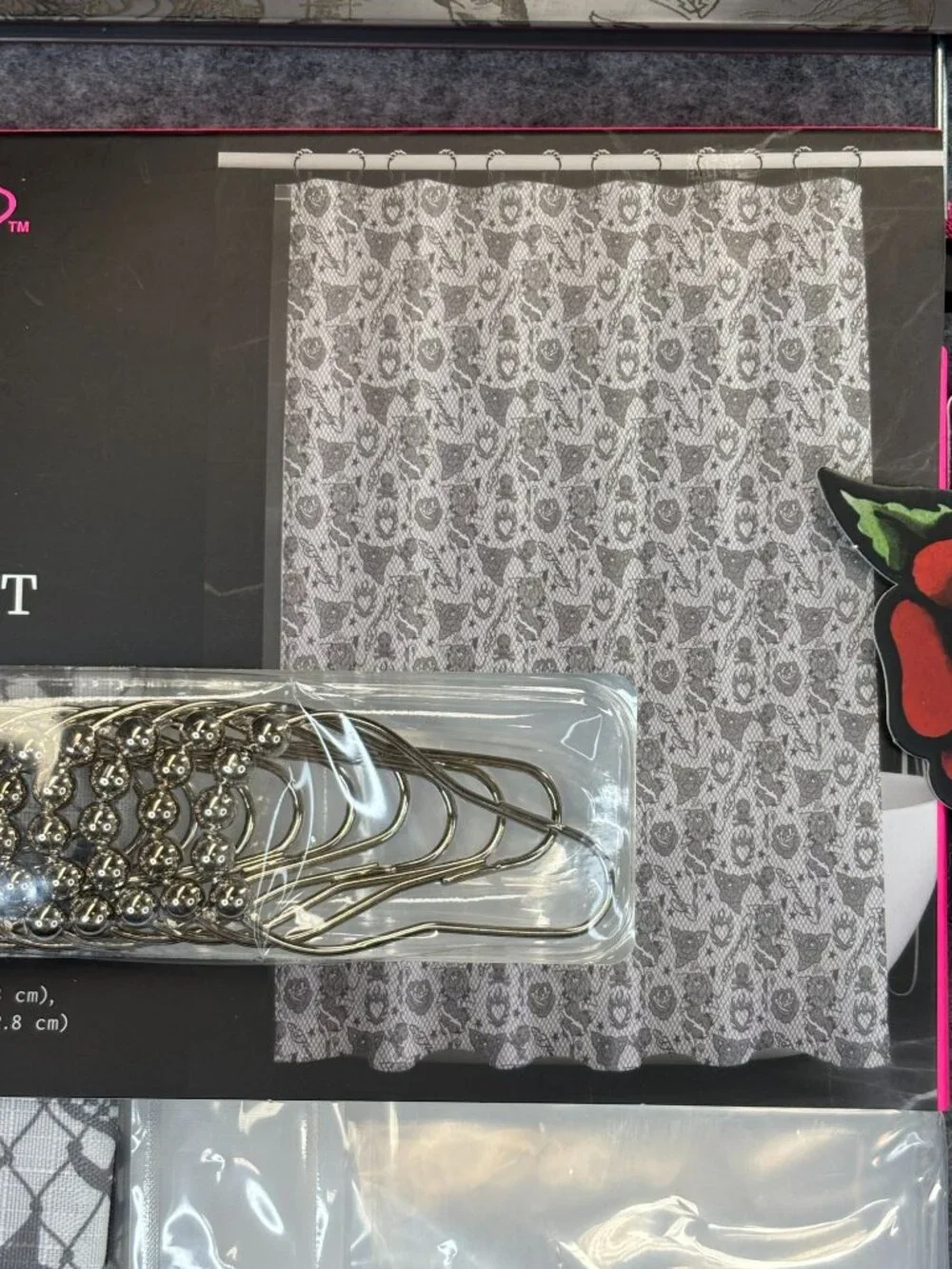 Ed Hardy Shower Curtain Set w 14 Piece w Hooks & Liner White Gray Roses Skulls